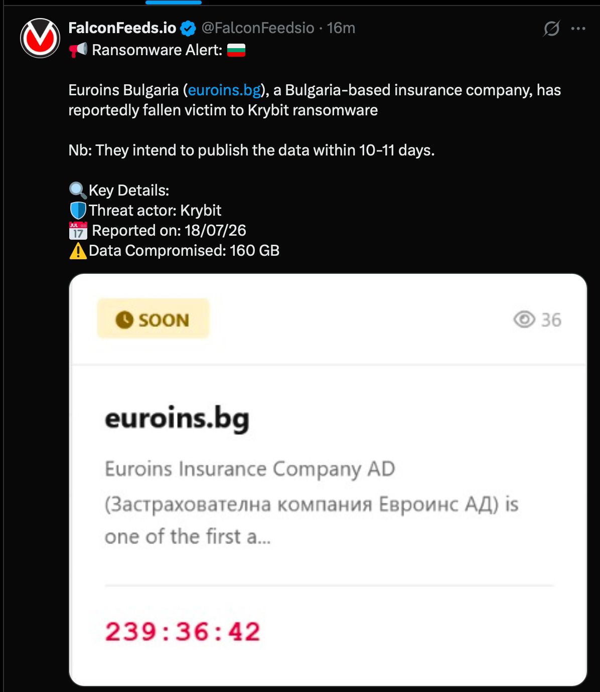 Екранна снимка на публикацията за euroins.bg