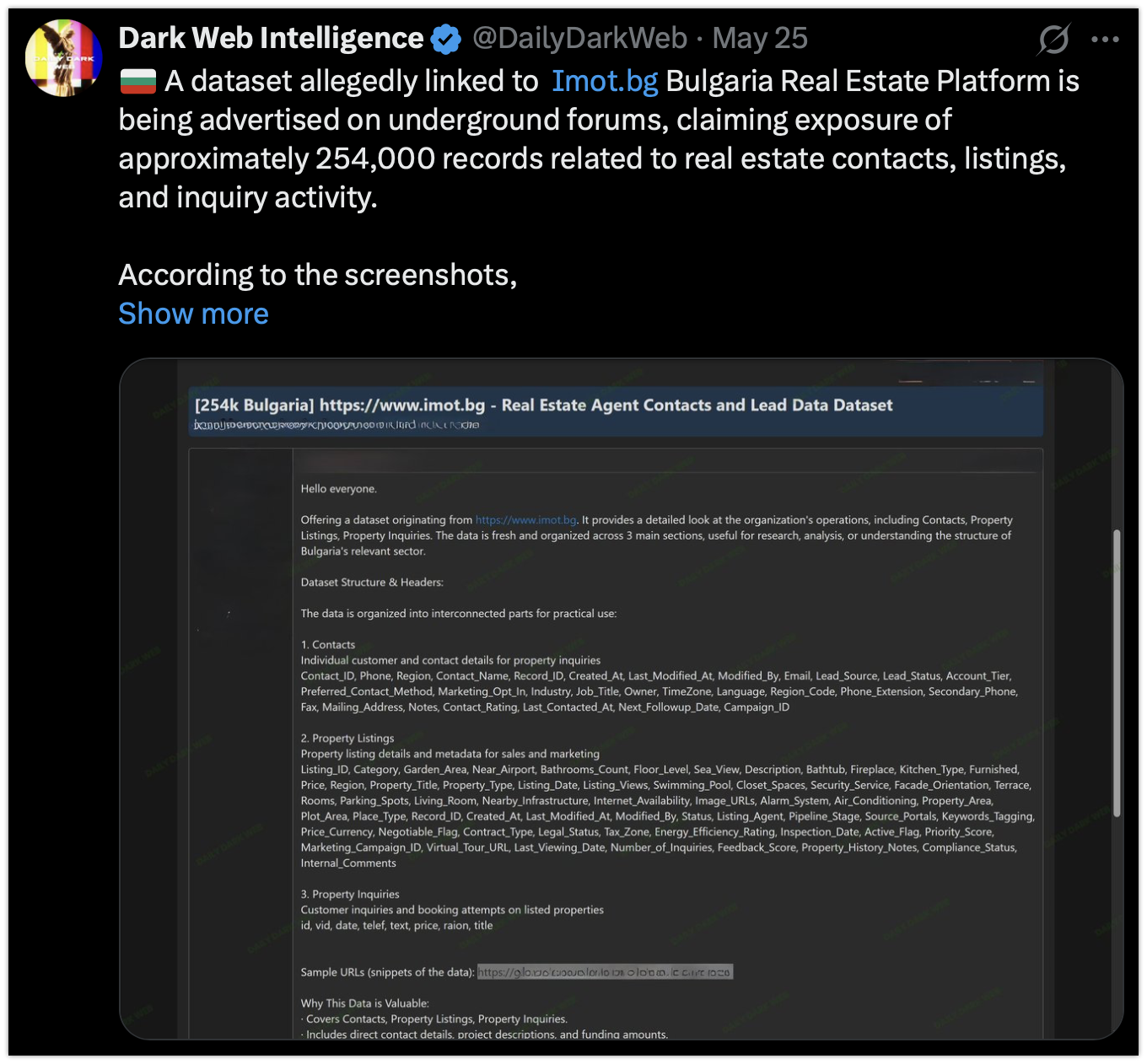 Екранна снимка на публикацията за imot.bg