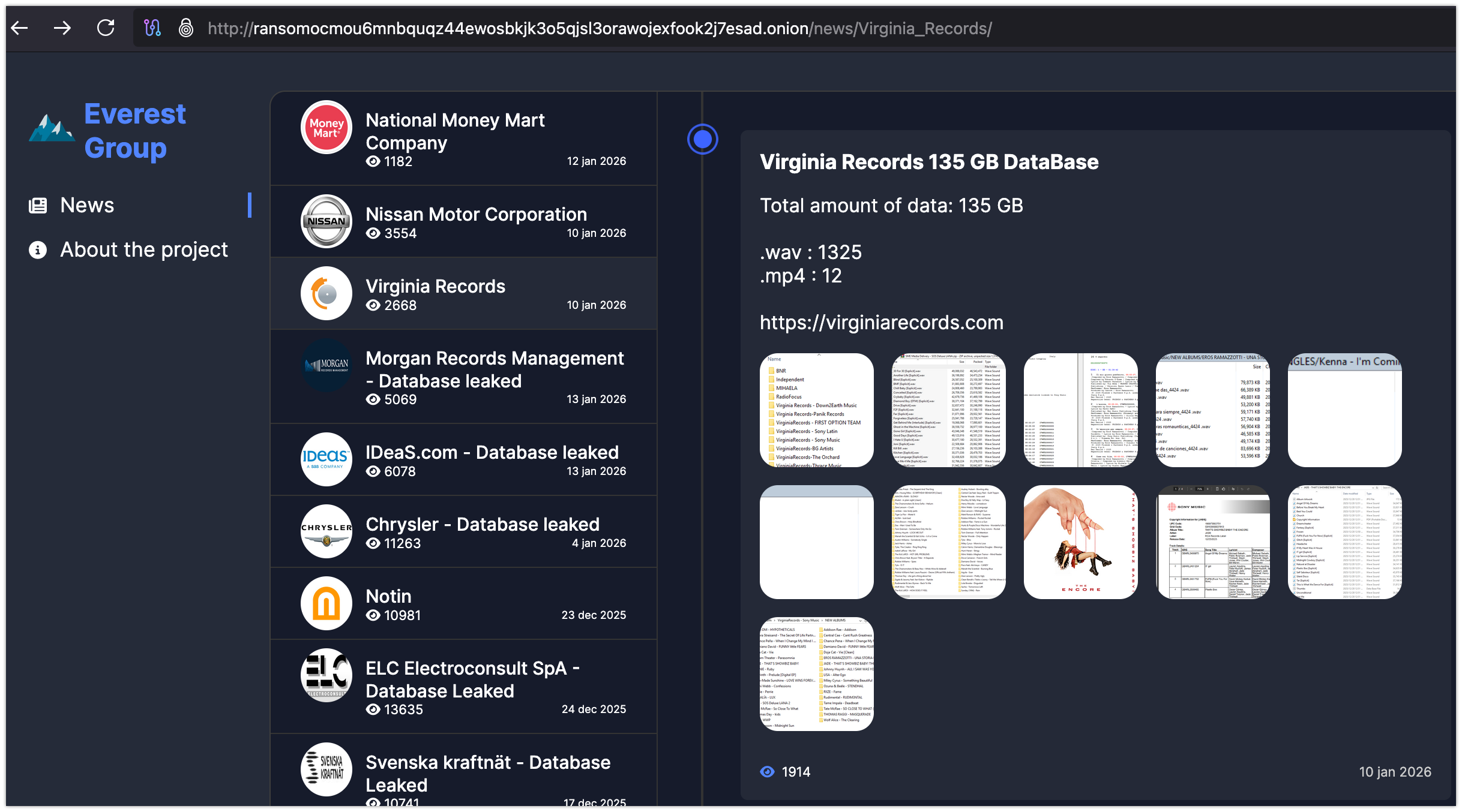 Екранна снимка на публикацията за virginiarecords.com