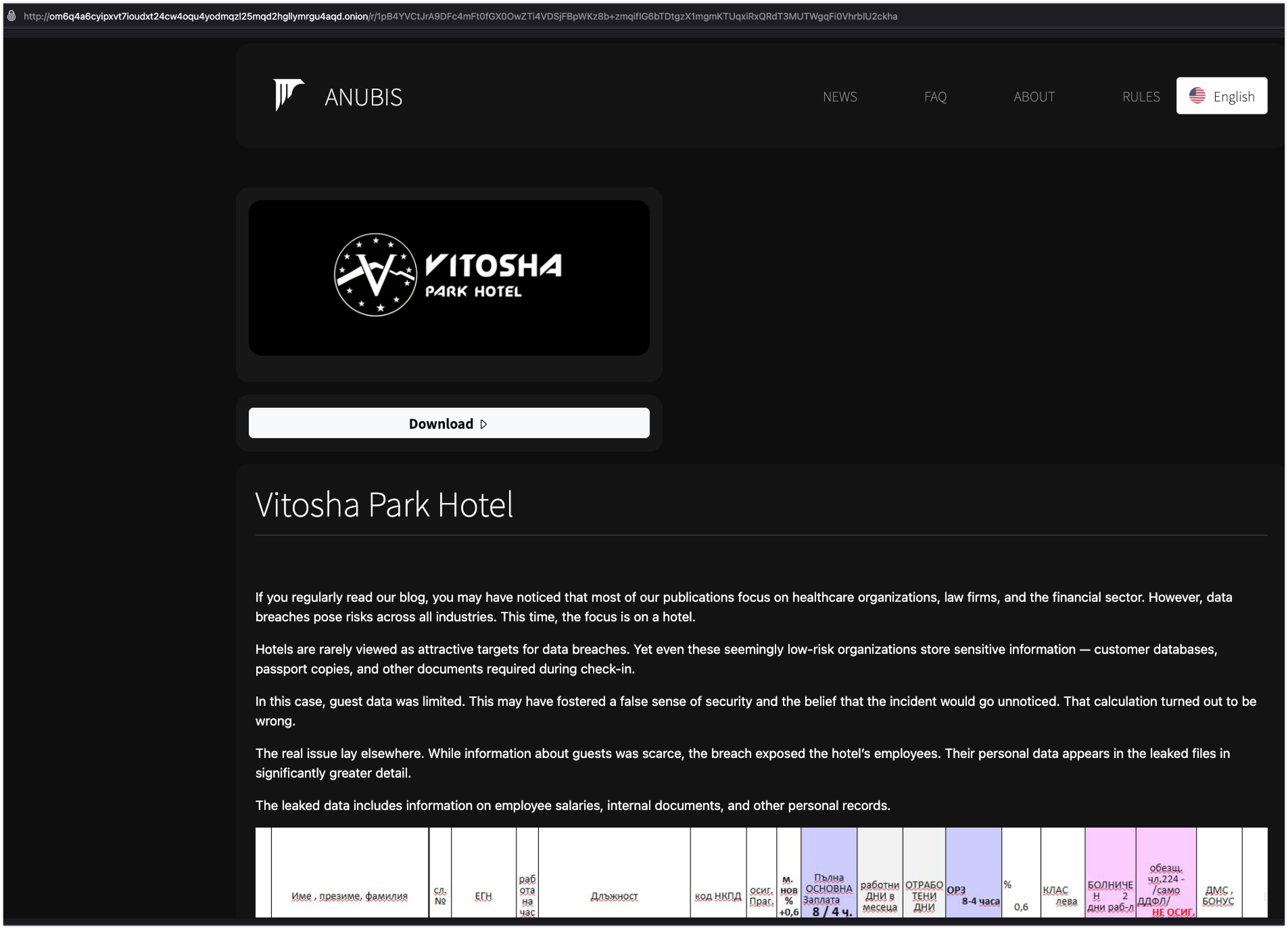 Екранна снимка на публикацията за vitoshaparkhotel.com
