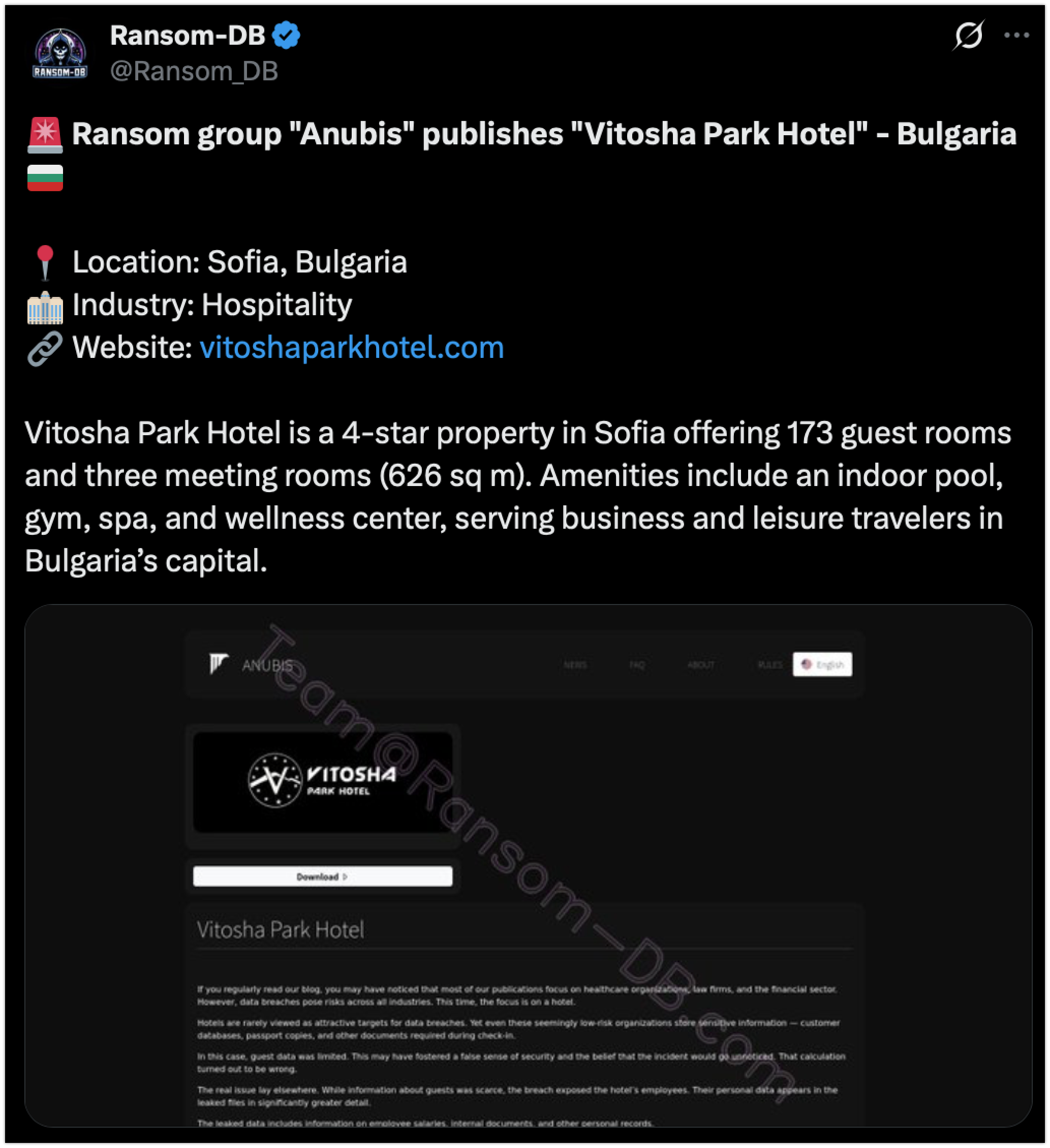 Екранна снимка на публикацията за vitoshaparkhotel.com